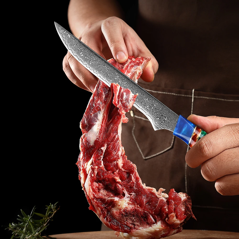 Coltello per disossare giapponese Coltello per filetto in acciaio di Damasco da 6 pollici Mannaia da cucina con lama flessibile affilata per pesce, pollame, pollo, carne tagliata