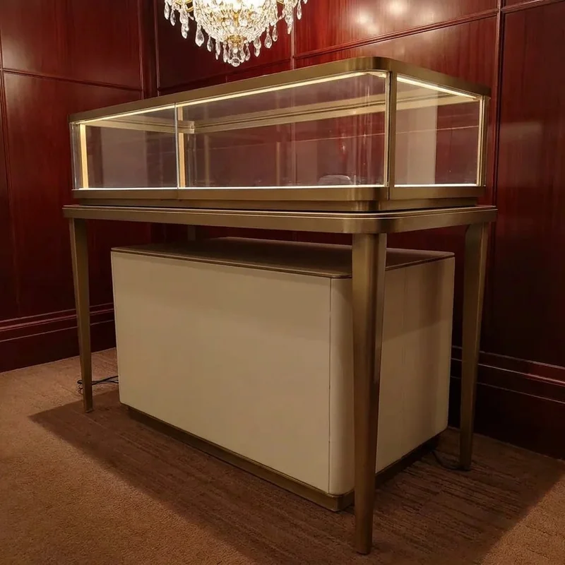 custom.Custom Luxury Gold Jewelry Display Cabinet LED Light Glass Jewellery Counter High-end Jewelry Store Interior