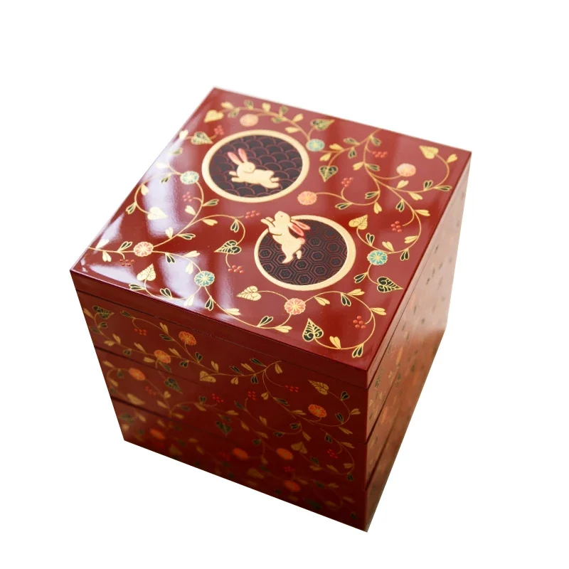 Vintage Lacquerware 3 Tier Storage Box with Sakura Rabbit Print, Multi-purpose Organizer for Jewellery, Trinkets & Snacks, Gift