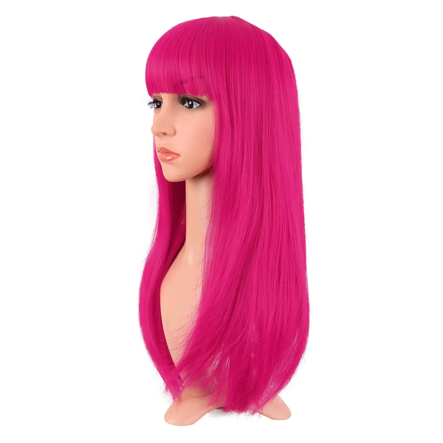26 Inch Long Straight Flat Bangs Party Cosplay Wig Hot Pink Synthetic Heat Resistant  Hair Wig For Women - view 3