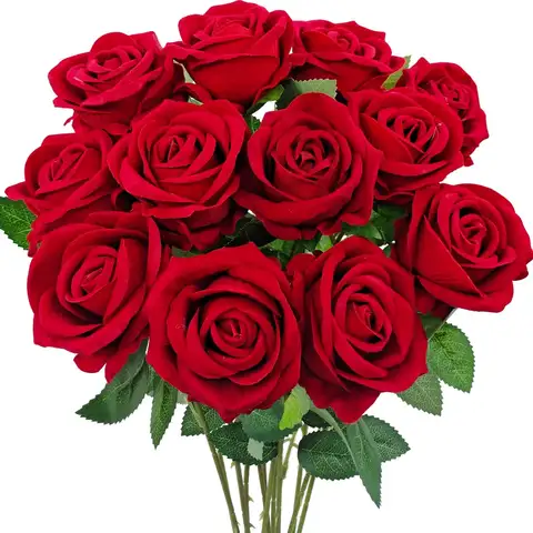 Classic Red Artificial Roses Flowers, Faux Long Stem Roses Bulky for Valentines Day Home Wedding Decor Bridal Bouquet （12 Pcs）