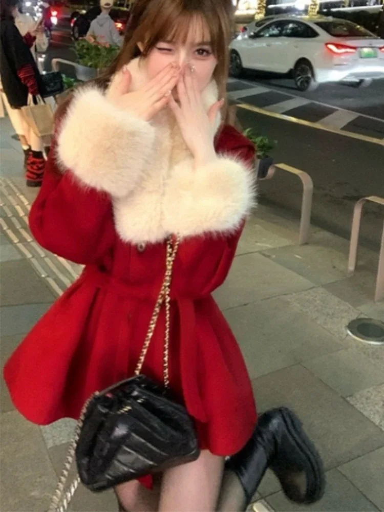 Winter Red Warm Christmas Two Piece Set Women Korean Fashion Sweet Skirt Suit Female Long Sleeve Vintage New Year Set 2024 New