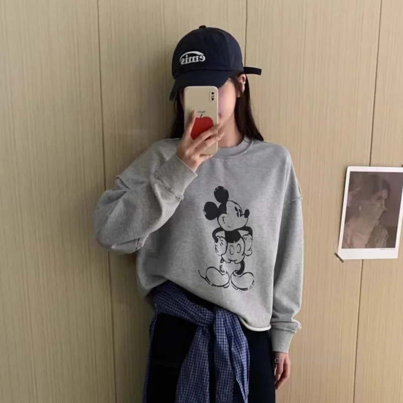 Disney Mickey New Rolled Edge Long Sleeved Round Neck Hoodie Cute Cartoon Print Loose Pullover Korean Version College Style Top