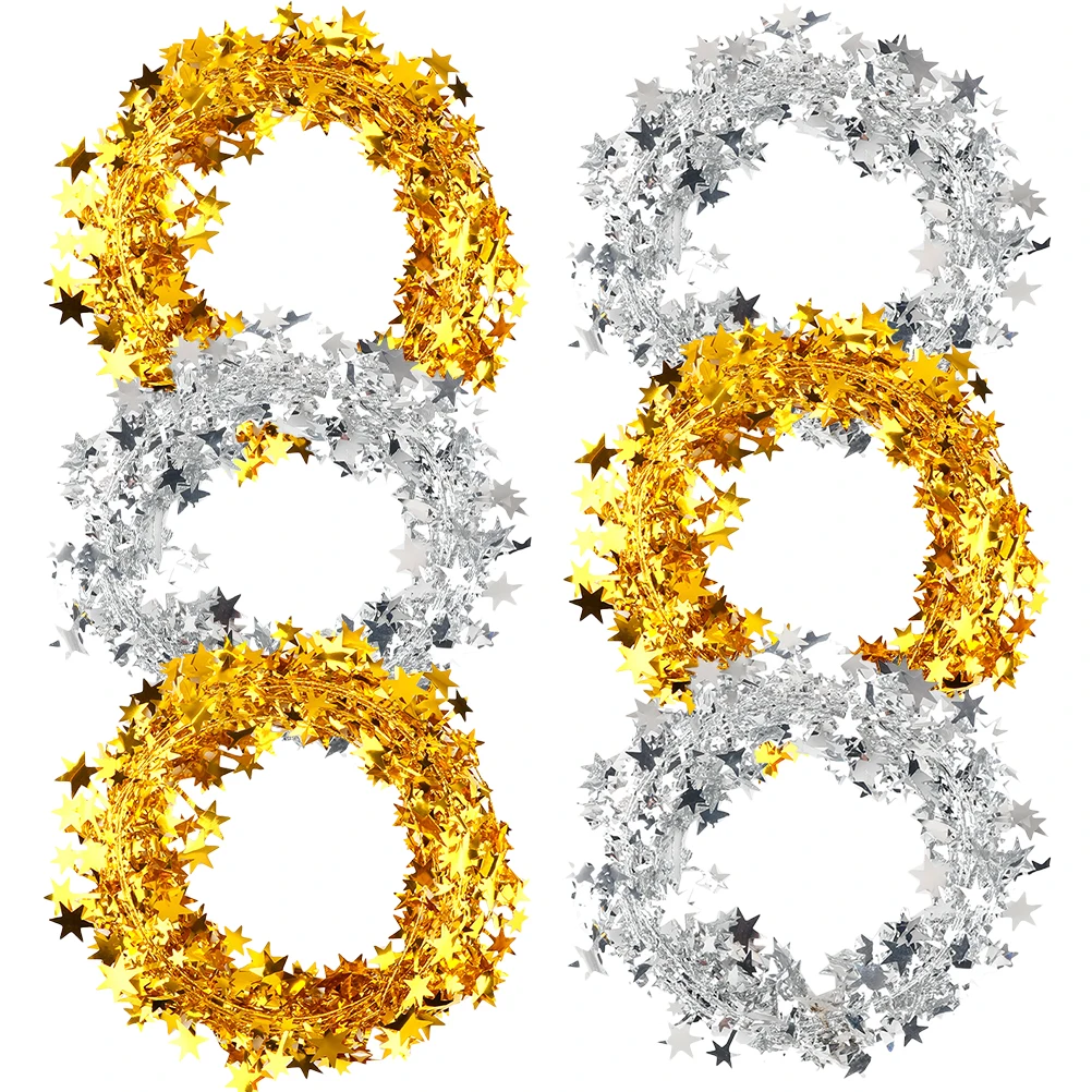 

6 Pcs Christmas Ornaments Wrought Iron Tinsel Star Garlands Golden 3 Silver 3 Pieces Garland Decorations Party Hanging Wreath