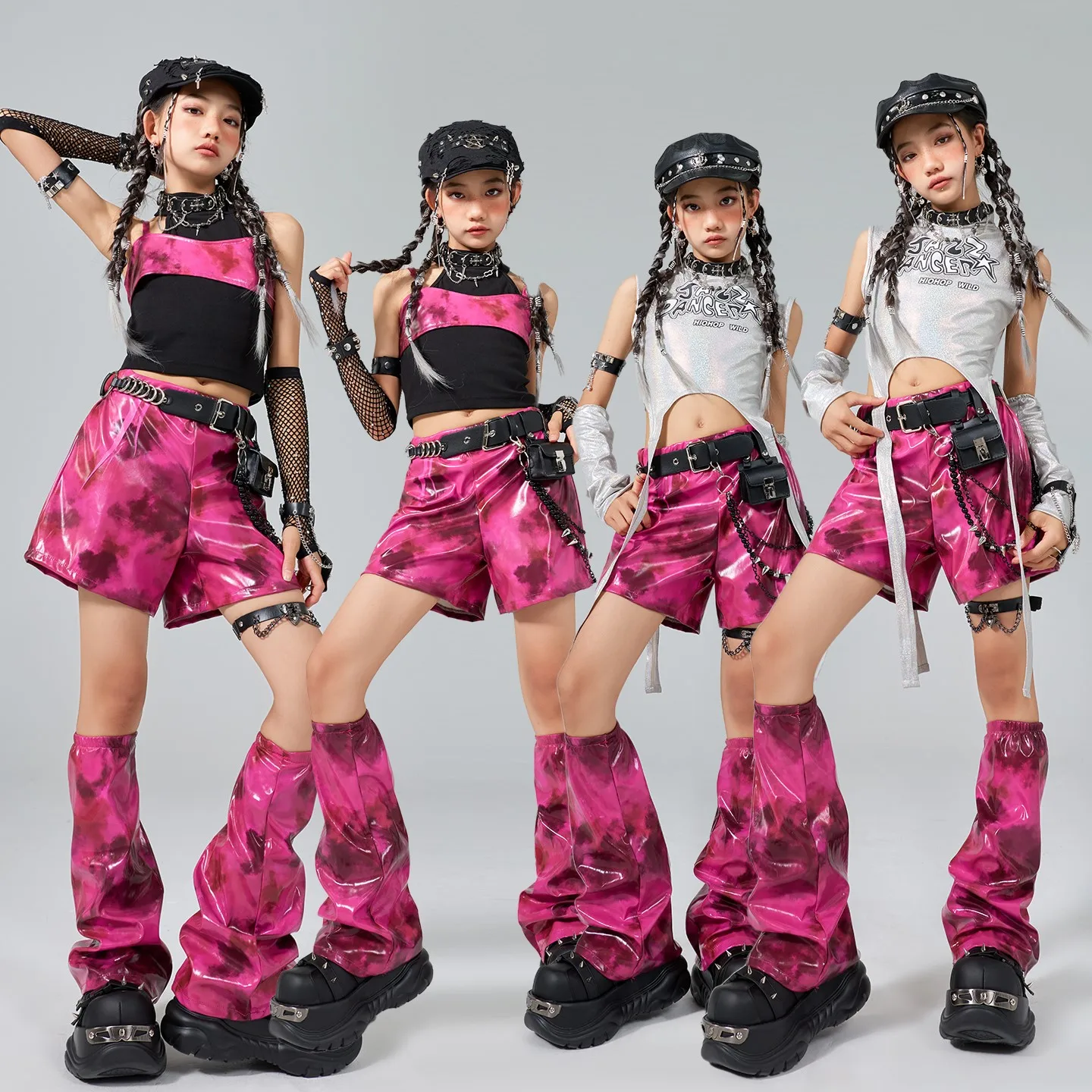 

Kpop костюм для джазовых танцев для девочек, летние топы с пупком, кожаные шорты с рукавами до середины икры, наряды для подиума, сценическая одежда, одежда для выступлений BL16683