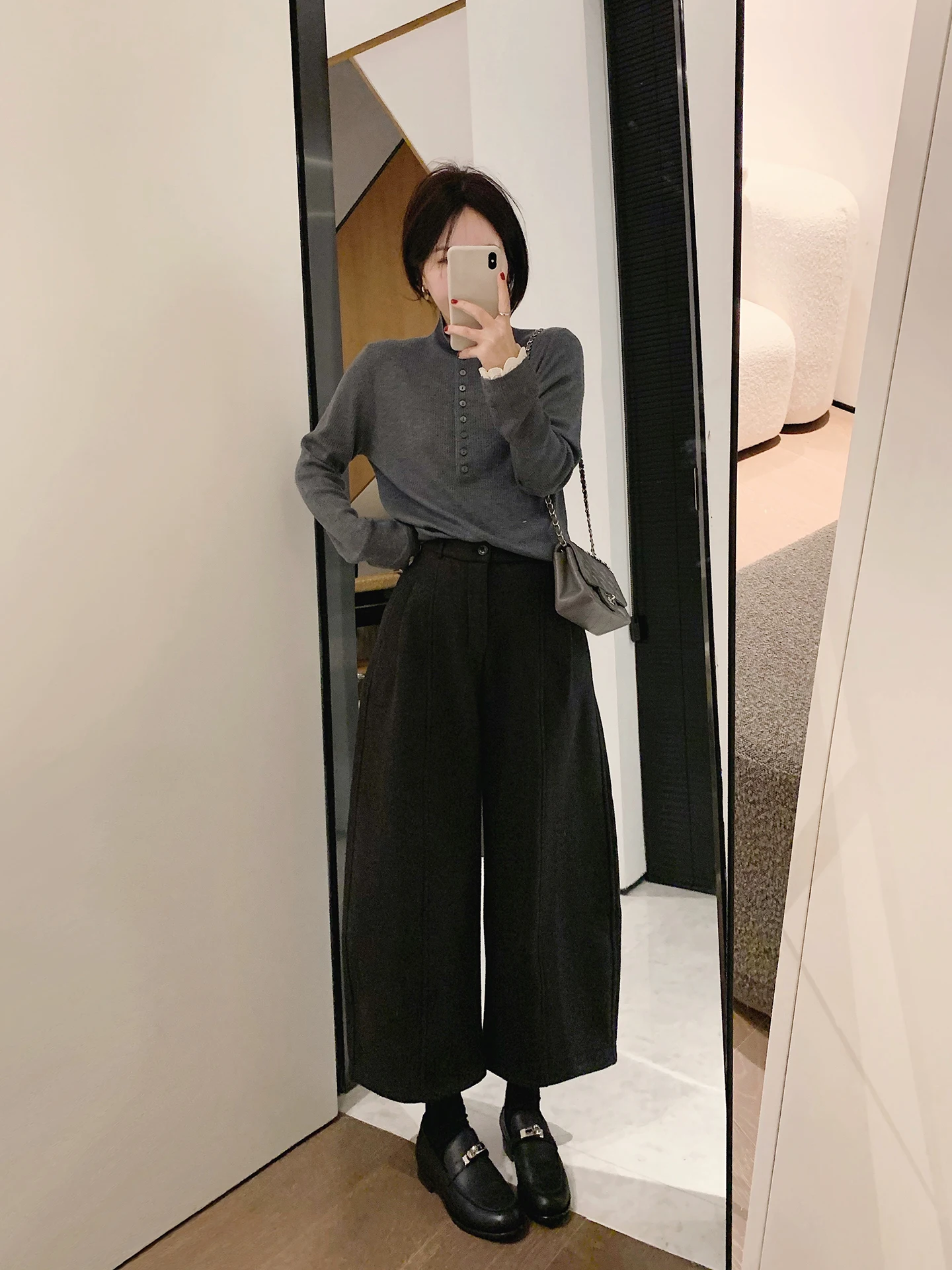 

Soft Fce Lined High Waist Wide Leg Casual Pants for Women Nine Points Slimming Trendy All Match Soft Commute Sle Pure Color