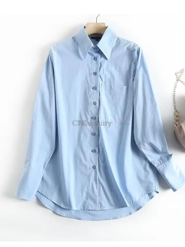 CNlalaxury 2023 Women Vintage Solid Cotton Shirt Blouse Long Sleeve Female Casual Loose Shirts Pocket  Blusas Femininas