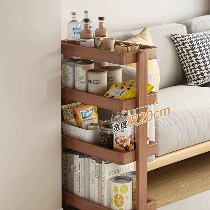 Solid Wood Rolling Cart Movable Narrow Side Cabinet Wheels Sofa Snack Organizer Multi-Purpose Bookshelf Household Storage Rack