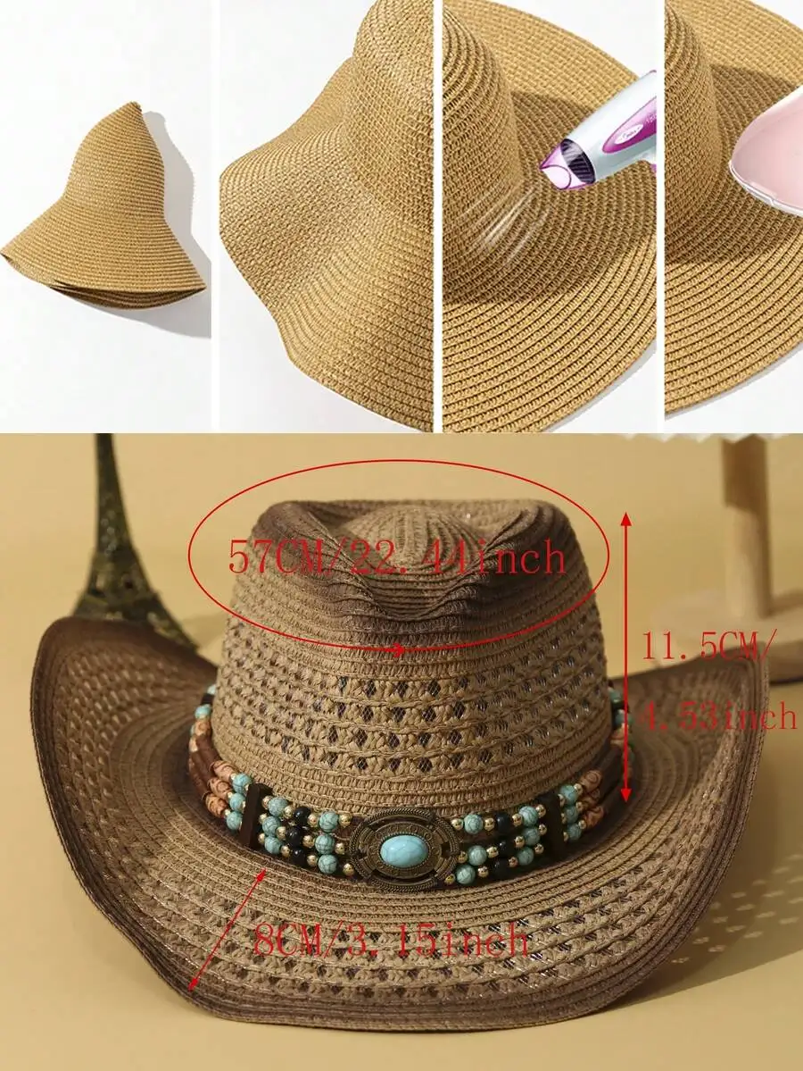 1Pc Unisex Turquoise Stone Decor Dyeing Printed Summer Travel Shade Wide Brim Cowgirl Hat Handwoven Breathable Adjustable Chin