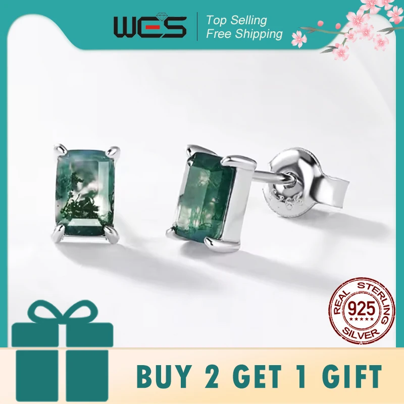 

WES 925 Sterling Silver Natural Moss Agate Stud Earrings 4*6mm Luxury Jewelry for Women Wedding Engagement Gifts Wholesale