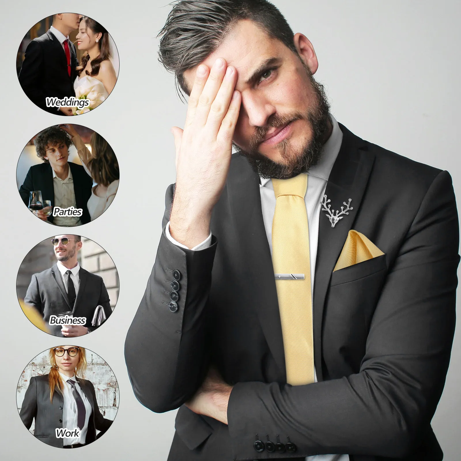 5 pcs Tie Set: Necktie Pocket Square Combo Men Lapel Pin For Suits Brooch Lapel Pin Brooch Clip For Business Wedding Formal view 5