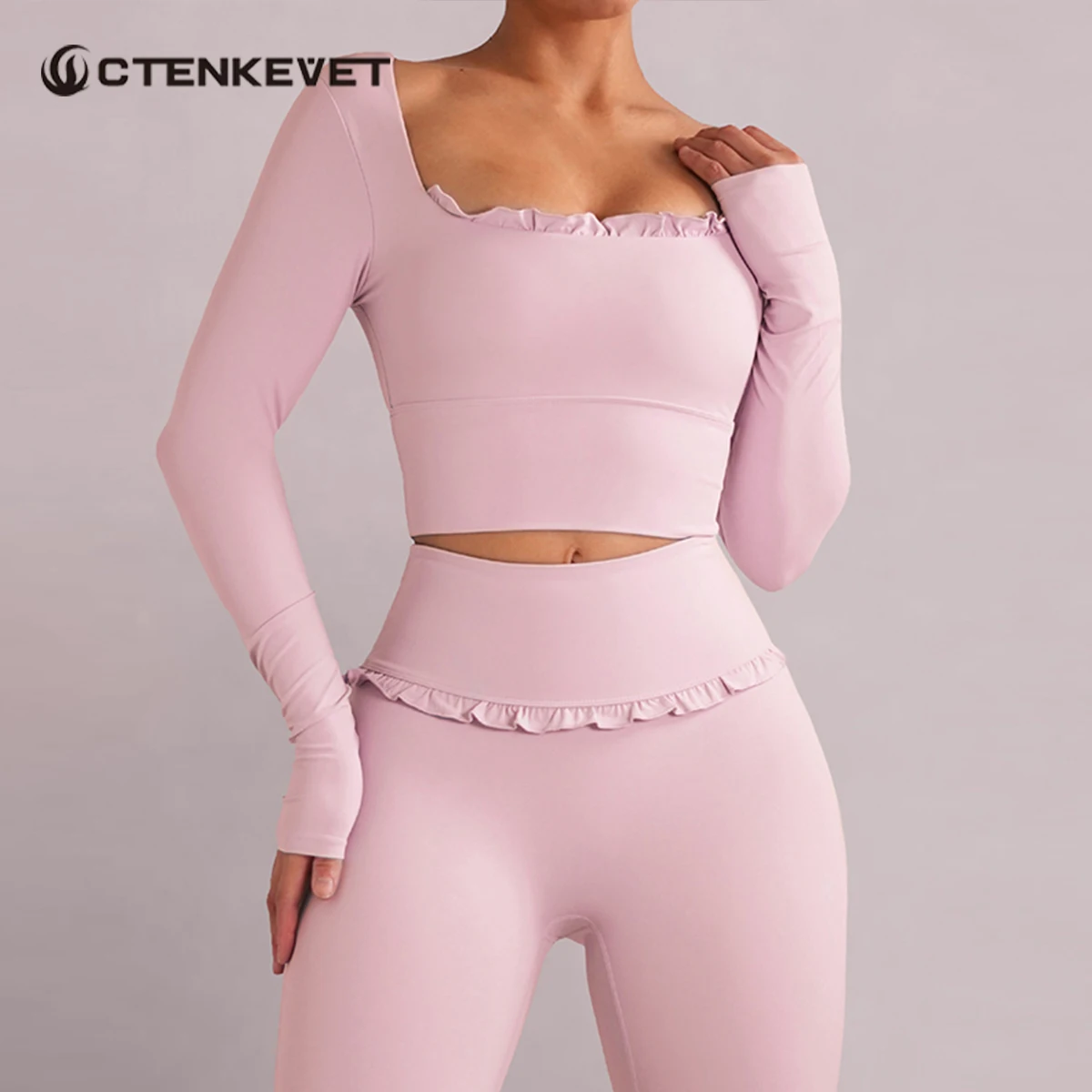 

Ctenkevet Women Quick-Dry Fitness Long-Sleeved Top Famale Square Neckline Tight-Fitting Yoga Clothes Woman Shockproof Crop Top