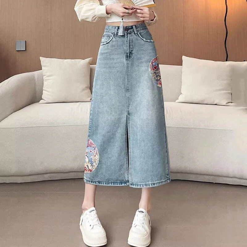 

New Women Summer Chinese Style Embroidery Denim Skirt Fashion High Waist Hip Wrap Plus Size Skirt Simplicity Loose Long Skirt