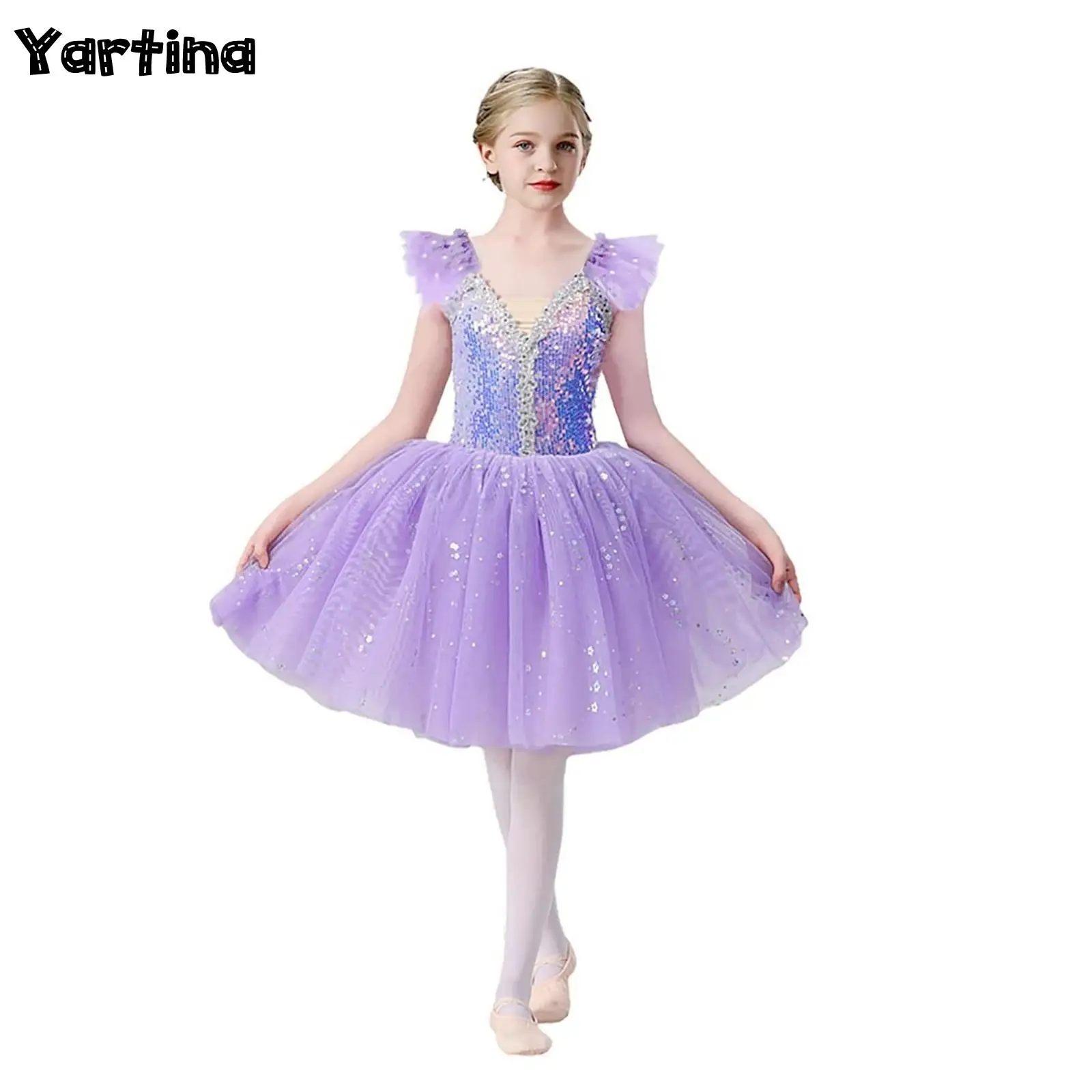 

Kids Girls Puffy Ballet Dress Princess Ballerina Performance Costume Ruffles Sleeves Shiny Sequin Bodice Layered Tulle Dress