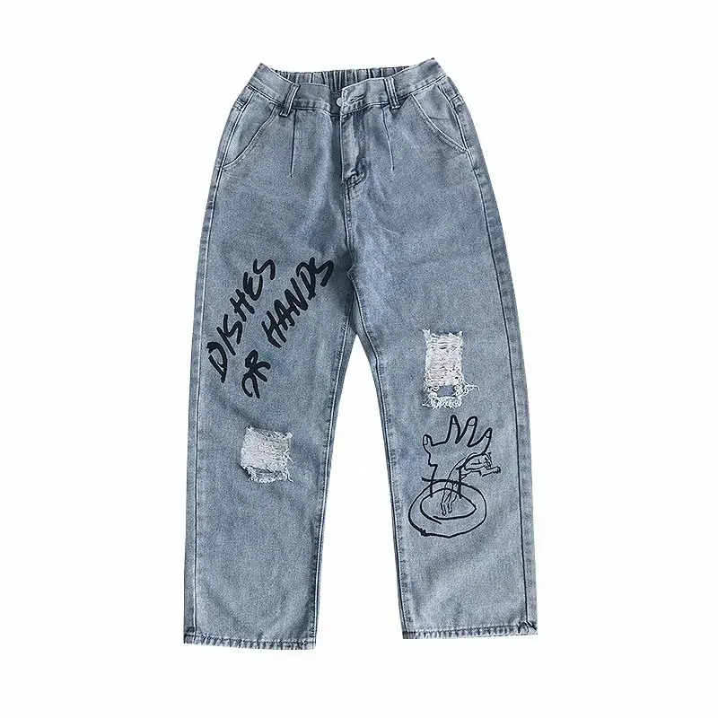 

2024 New Arrivals Graffiti Print Hole Ripped Men Hip Hop Baggy Jeans Trousers Straight Retro Washed Denim Pants Korean Clothing