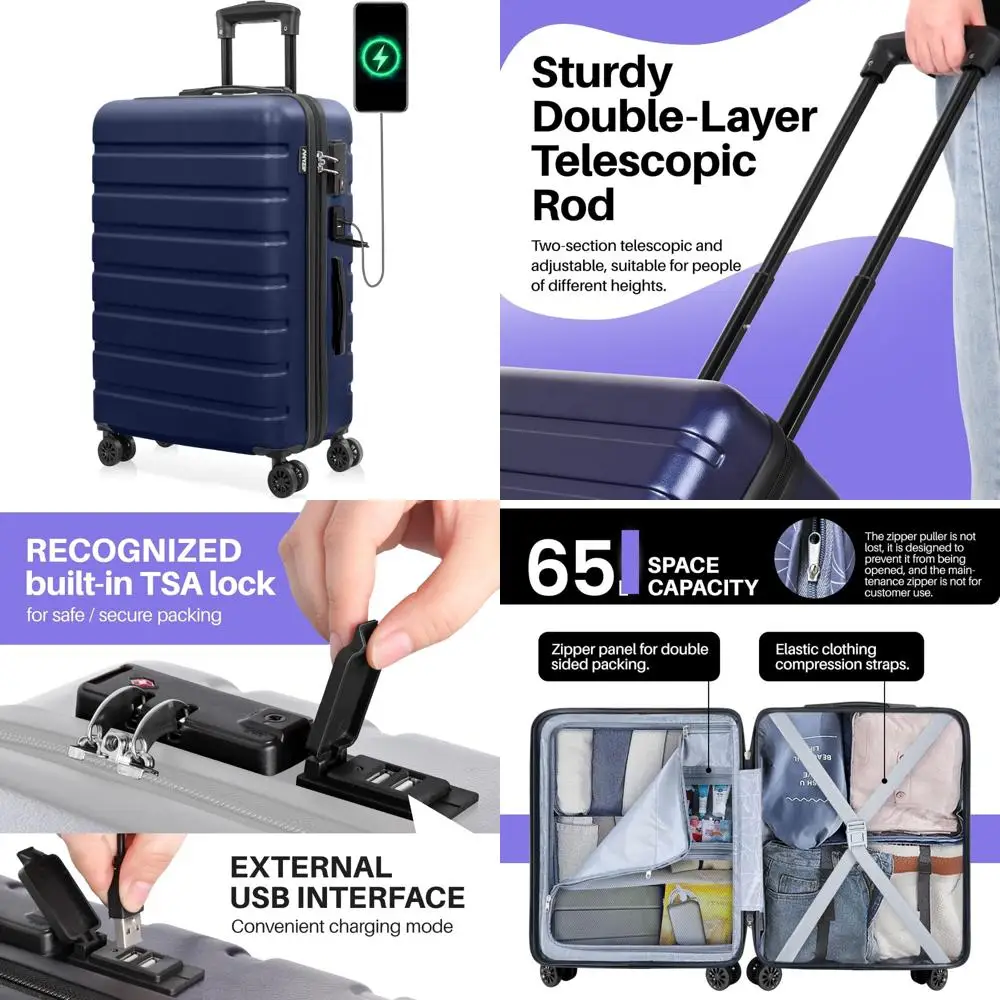 

Lightweight ABS Hardside Luggage with USB, TSA Lock, Wheels, Medium 24 Inch Dark Blue Suitcase for Travel