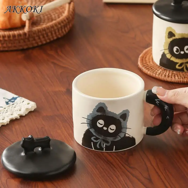 Ceramic Mugs Coffee Cups Creative Handle Coffee Mug with Cat Shaped Lid Hand Painted Water Cup Breakfast Mug Drinkware Kitchen ﻿