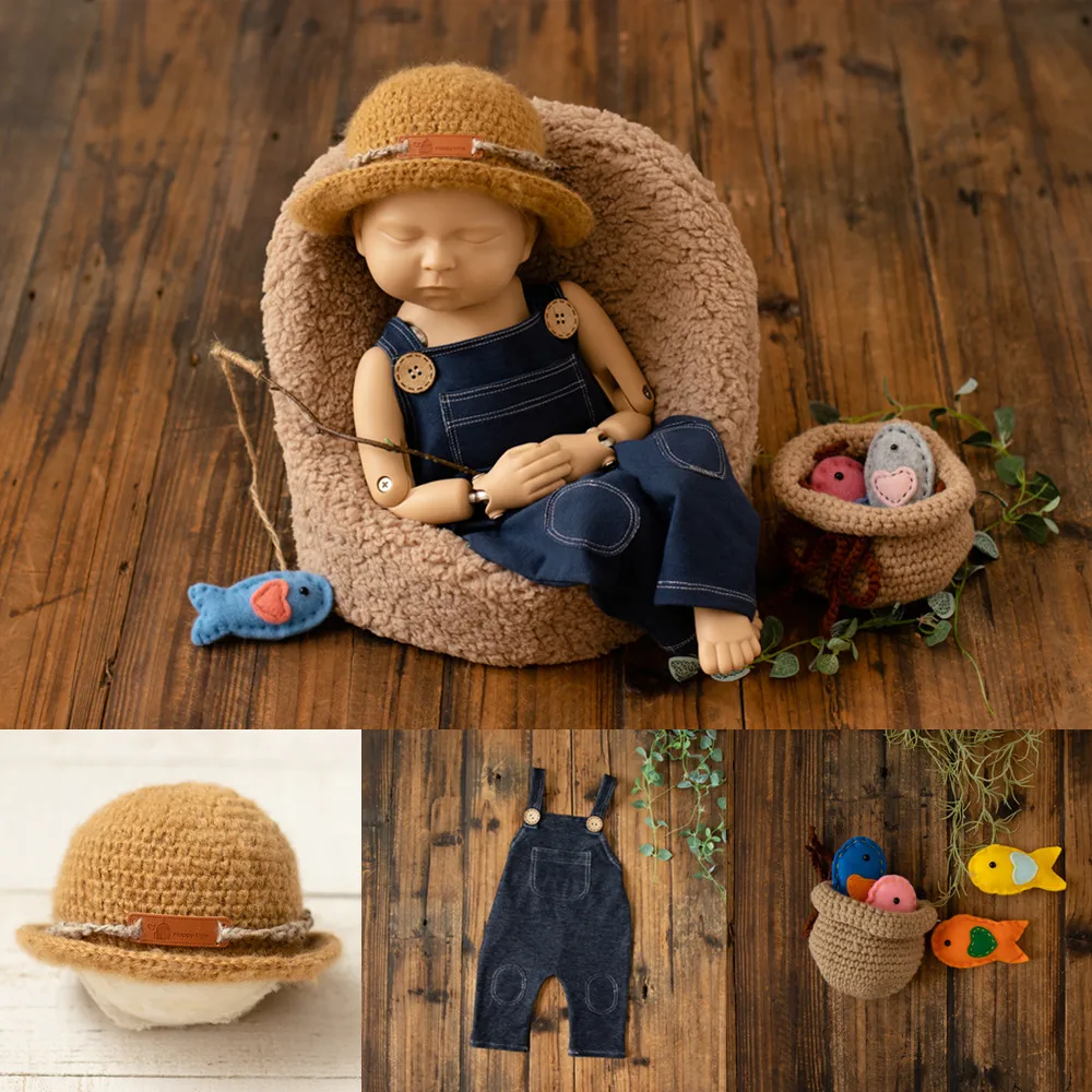 

❤️ Одежда для фотосъемки новорожденных, рыбацкая шляпа + комбинезон + корзина для рыбы + кукла-студия, детский реквизит для фотосессии, аксессуары, одежда, наряды