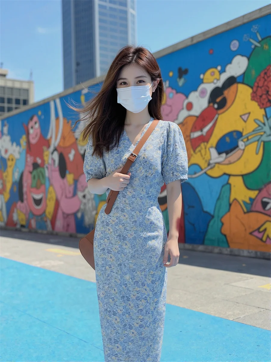 Vestidos Florais com Mangas Curtas Puff, Vestido Bonito e Elegante para Mulheres, Primavera, Corte Slim, Graduação, Com Detalhes em Camadas