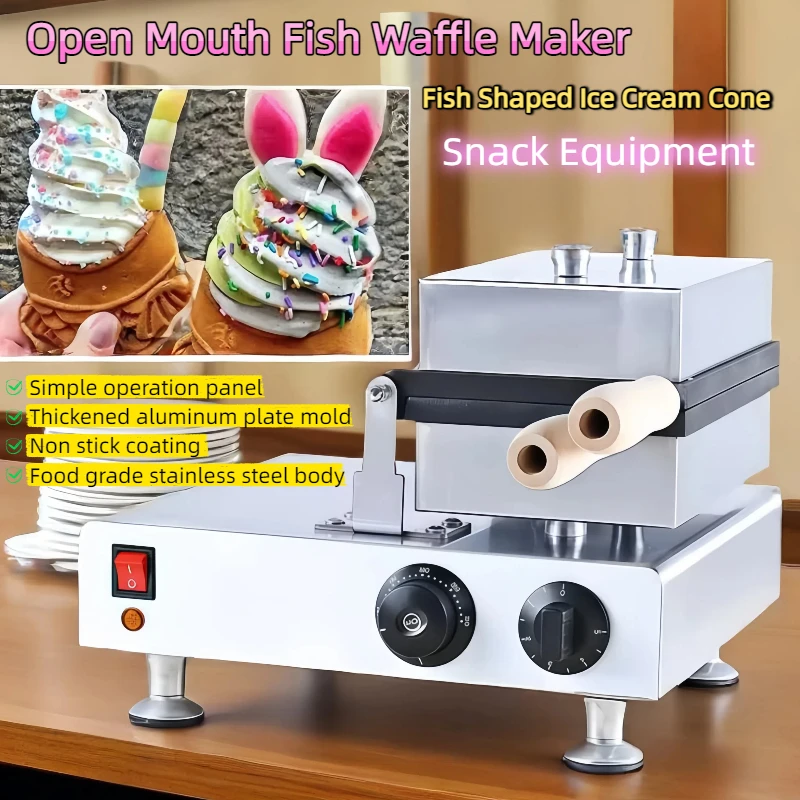 

Open Mouth Fish Waffle Maker New Design Snack Equipment Commercial Fish Shaped Ice Cream Cone Taiyaki Waffle Maker Machine 1600W