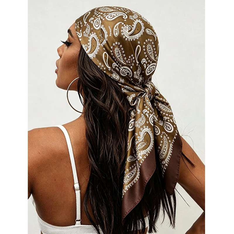 

90cm Square Simulated Silk Scarves Women Hijab Shawl Paisley Cashew Flower Print Kerchief Head Scarf Foulard Bandana Beach Pareo