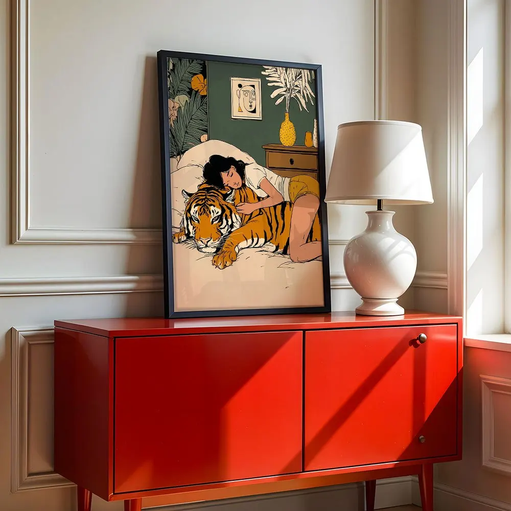 Vintage Woman And Tiger Canvas Wall Art,2D Printed Poster,Artistic Wall Decor For Living Room Bedroom,Aesthetic Home Decor Gift