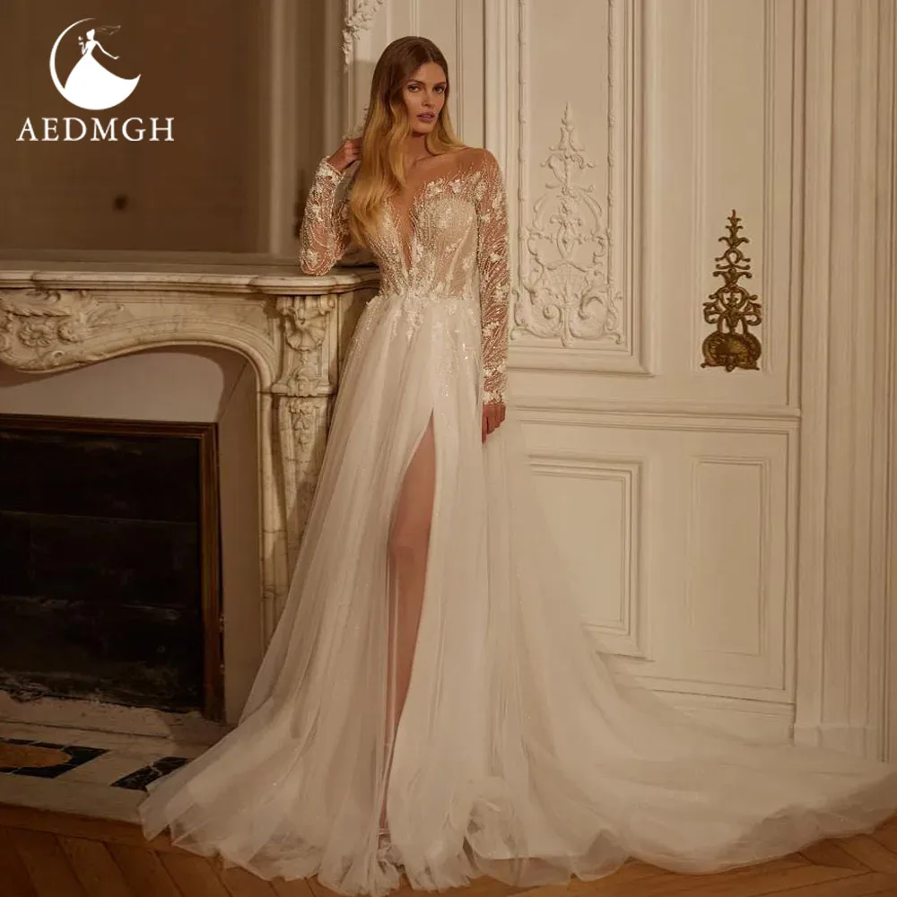 

Aedmgh A-Line Delicate Wedding Dresses For Women Scalloped Vestido De Novia Lace Beaded Sequined Split Custom Made Bridal Gown