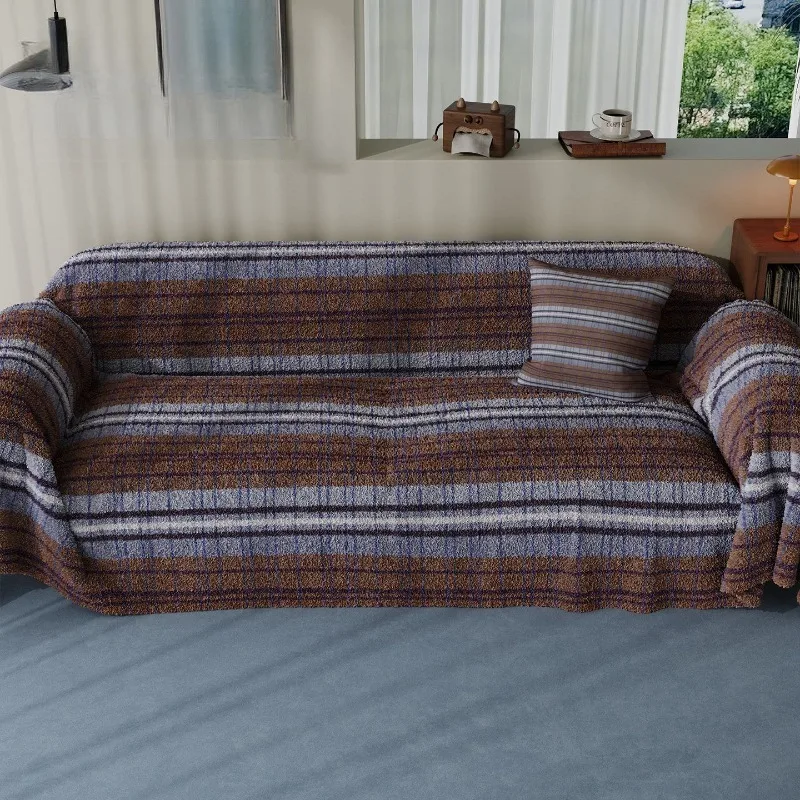 2026 New Red Brown Striped Plush Sofa Throw, Ins Style Festive All-match Full Wrap Couch Cover for New Year Home Decoration