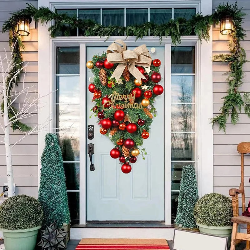 2Pcs Christmas Front Door Wreath Xmas Teardrop Wreath Set Kit For Front Door, Wall, Fireplace