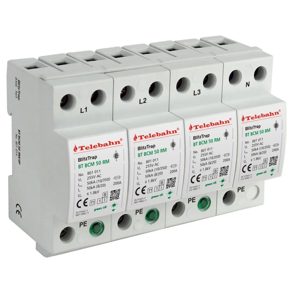 Surge Protection T1 255V AC 50kA 100kA 4P 3 Phase Surge Protector SPD for TN-S