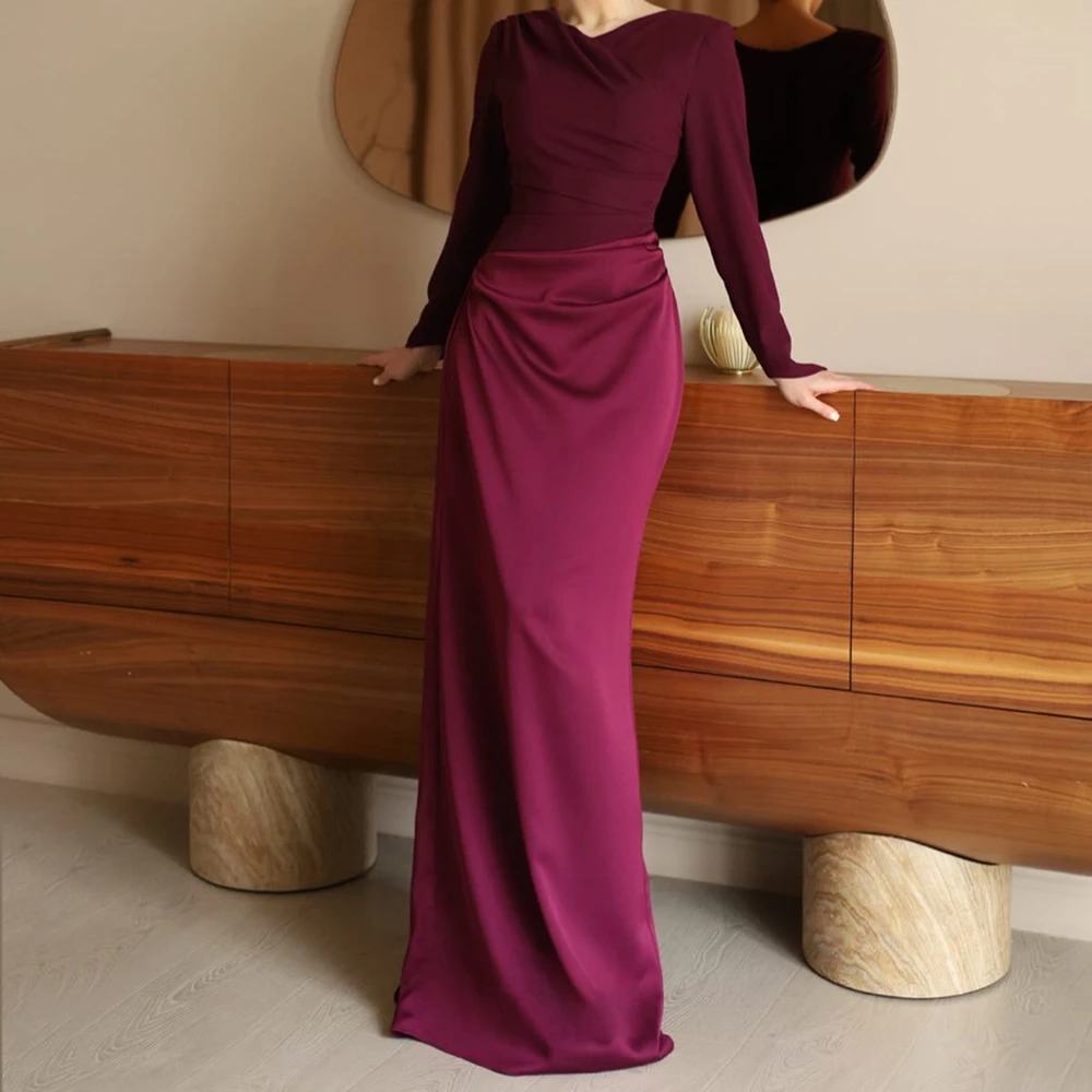 

A-line Women's Evening Dresses Floor-length V-neck Full Sleeve Prom Gown Simple Fashion Draped Casual Customized Gowns
