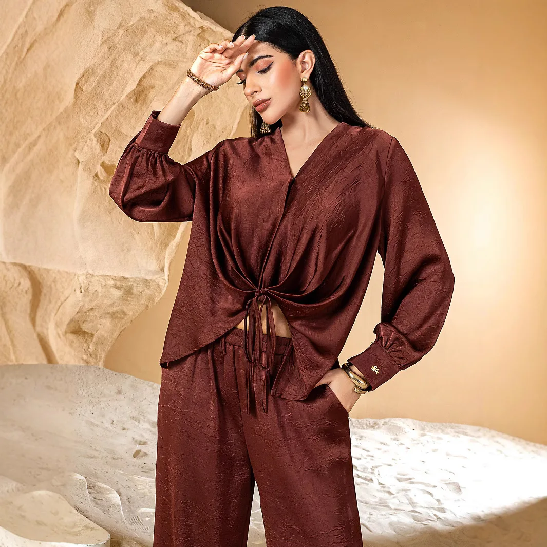 

Женские однотонные повседневные модные элегантные свободные комплекты из 2 предметов, рубашки с длинными рукавами, широкие брюки, женские 2024, мусульманская новая мода