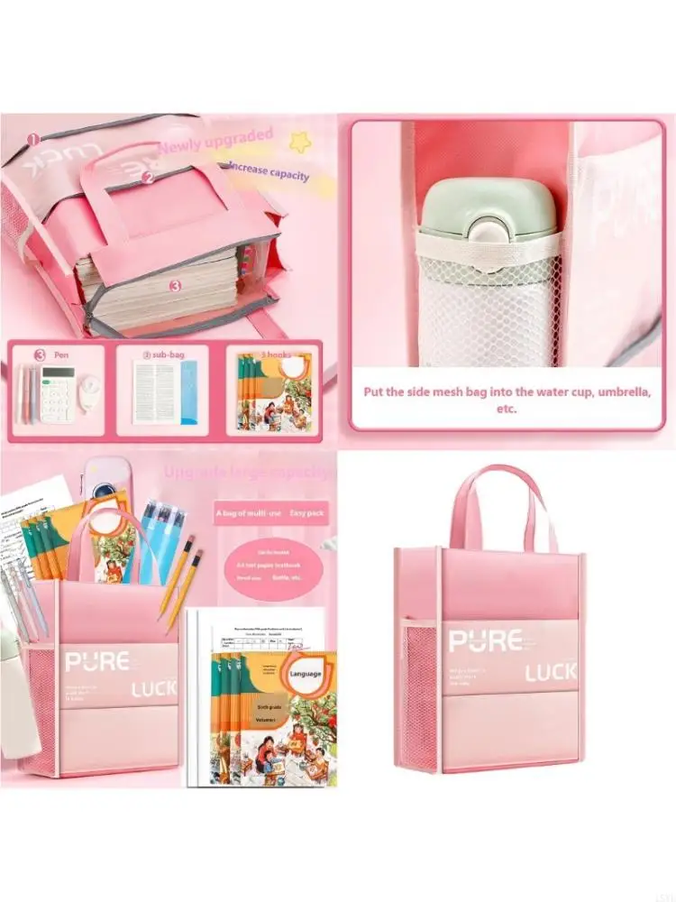 

Handheld Book Carrying Bag Canvas File Bag Multi Compartments for Office School