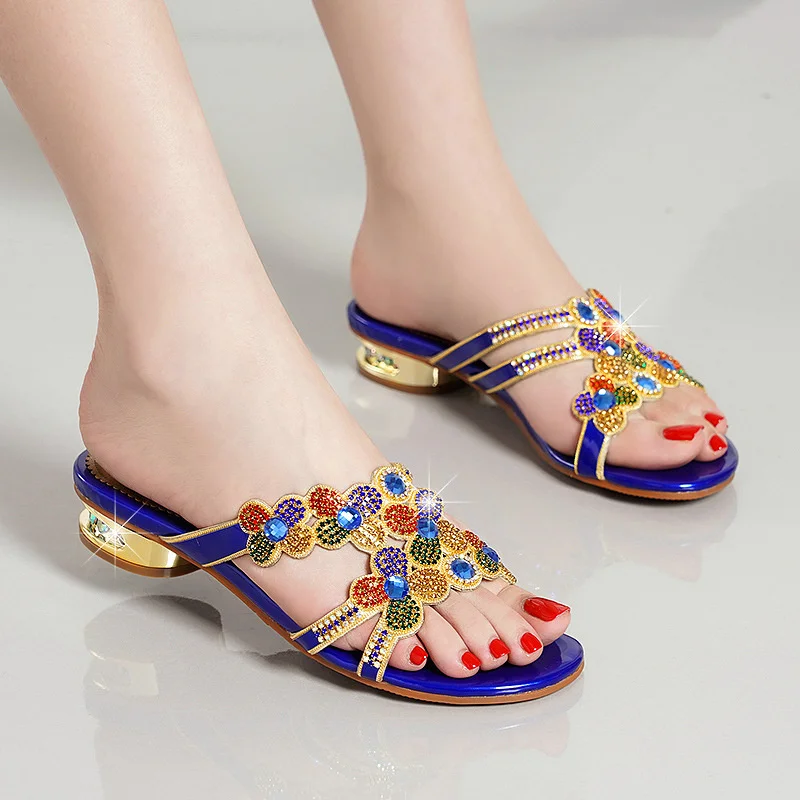 Comfortable Open Toe Summer Beach Slippers Women\'s Rhinestone Diamond High Heel Sandals Fashion Anti-slip Party Shoes