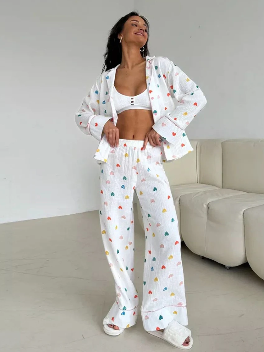 

Marthaqiqi Cotton Female Pajamas Suit Turn-Down Collar Sleepwear Long Sleeve Nightgowns Pants Casual Women Nightwear 2 Piece Set