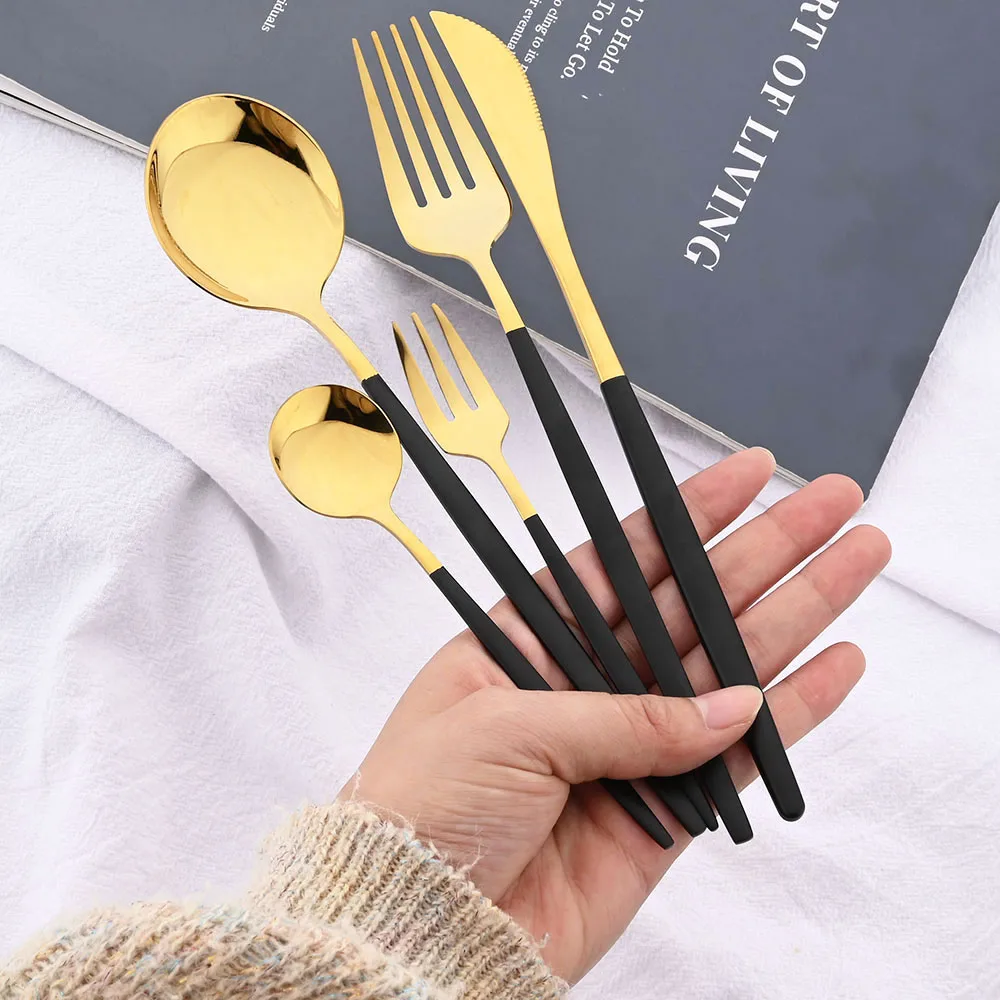 30Pcs Dinnerware Black Gold Cutlery Set Stainless Steel Tableware Knife Fork Spoon Dinner Kitchen Flatware Teaspoon Mini Forks