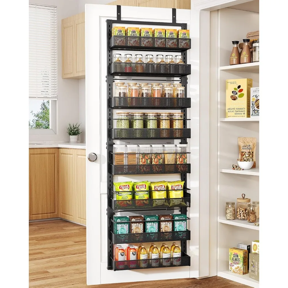 

8-Tier Adjustable Over-the-Door Pantry Organizer, Large Capacity Hanging Spice Rack for Kitchen Storage (Black, 17x6x69 inches)