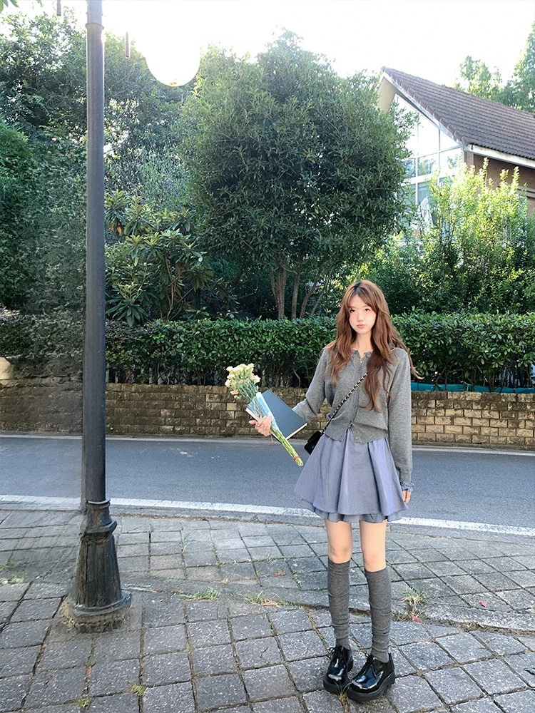 

Комплект Miu Sle: вязаный шерстяной кардиган и юбка в клетку для женщин, с длинными рукавами, круглым воротником, осенний, модный, в университетском стиле