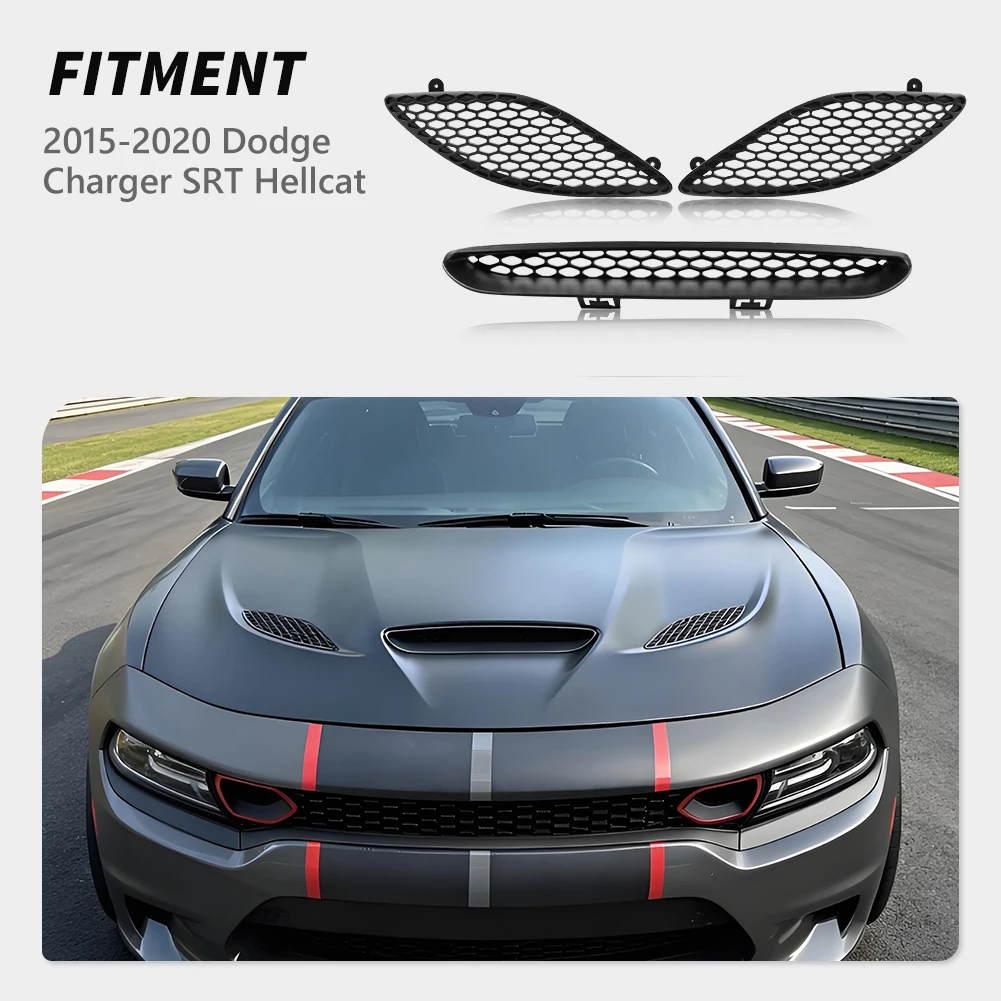 3Pcs Front Bumper Hood Scoop Trim Vent Grille Insert Bezel Set For 2015 2016 2017 2018 2019 2020 Dodge Charger GT SRT Hellcat