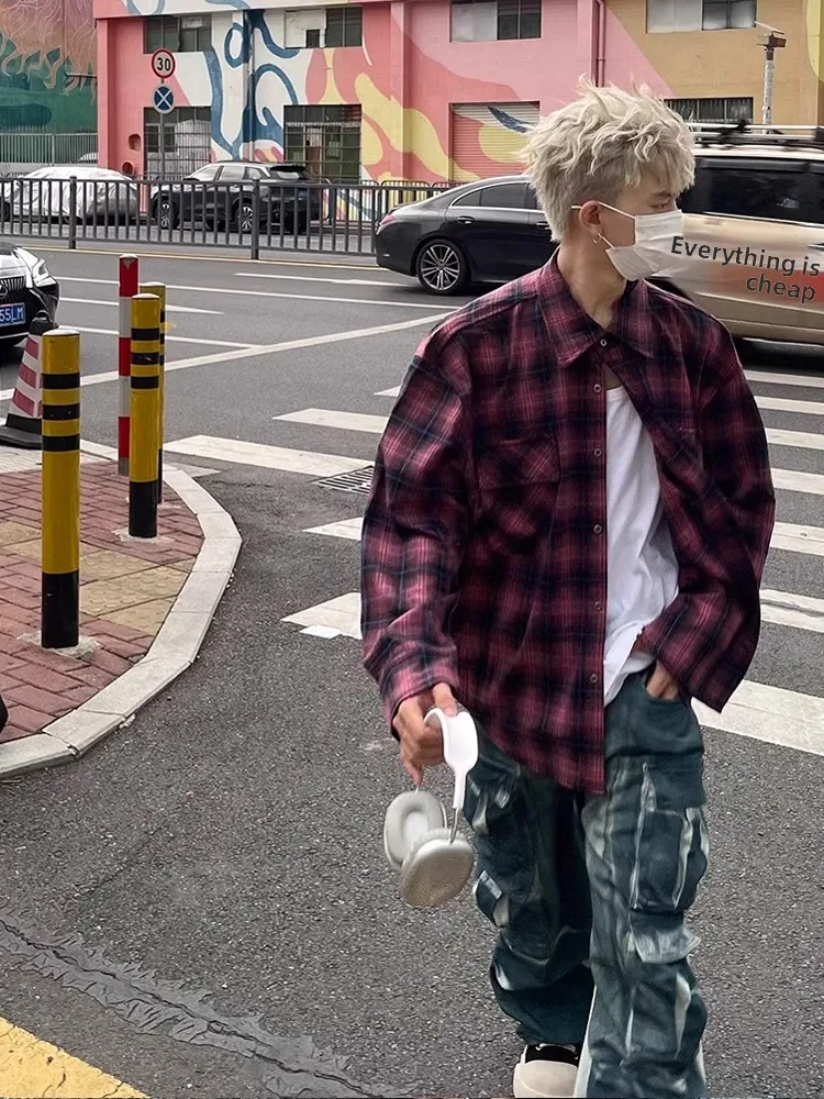 Retro Amerika adient Kotak-kotak Panjang Sve irt ex Musim Gugur Trendi Merek Pasangan Bersorak Irt Mantel Longgar Cocok Muda...