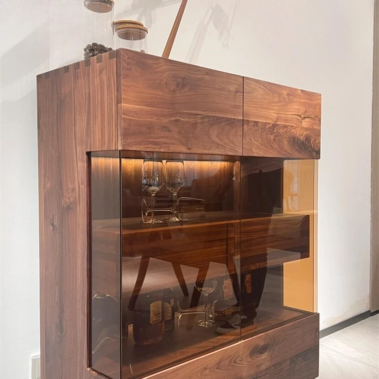 North American black walnut dining side cabinet, living room locker, all solid wood wine cabinet, display cabinet, simple glass