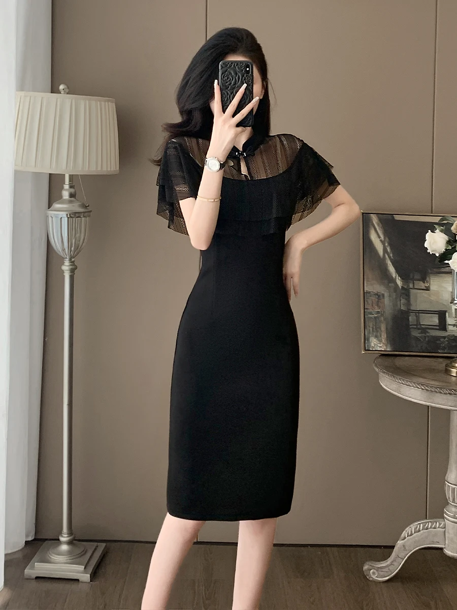 Elegant Slimming Mesh Dress Women's Summer 2025 New Style Korean Version High Waist Midi Skirt Black Color Chinese National S...