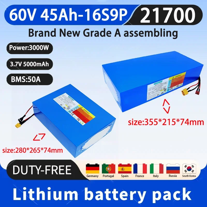 60V 45Ah 21700 16S9P Lithium Ion Battery Pack 3000W Power Tool Batteries Outdoor Backup Batteries With 50A BMS+67.2V 5A charger