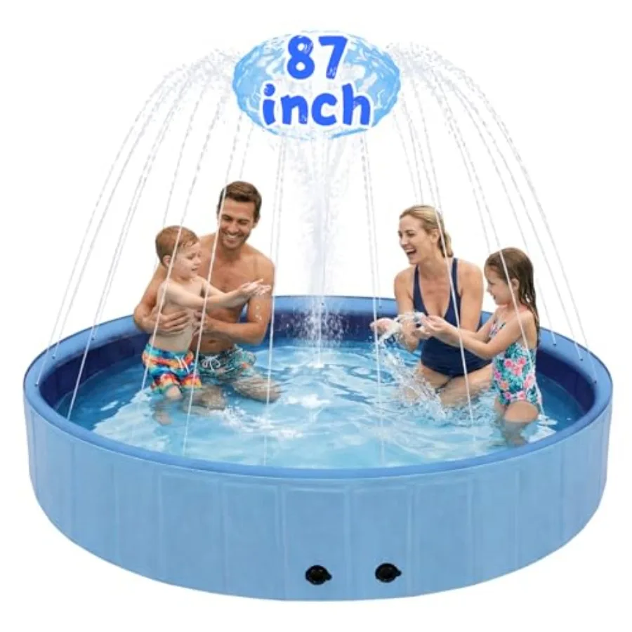 Foldable Dog Pool with Sprinkler for Backyard Use, Blue Thickened PVC, Non-Slip Hard-Side 87 Inch Extra Large 2-in-1 Outdoor Su