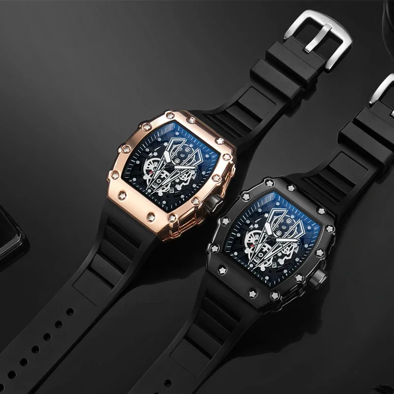 Skeleton Men\'s Watch Fashion Automatic Movement Barrel Luminous Waterproof Clock Sports Male\'s Silicone Strap Quartz Wristwatch