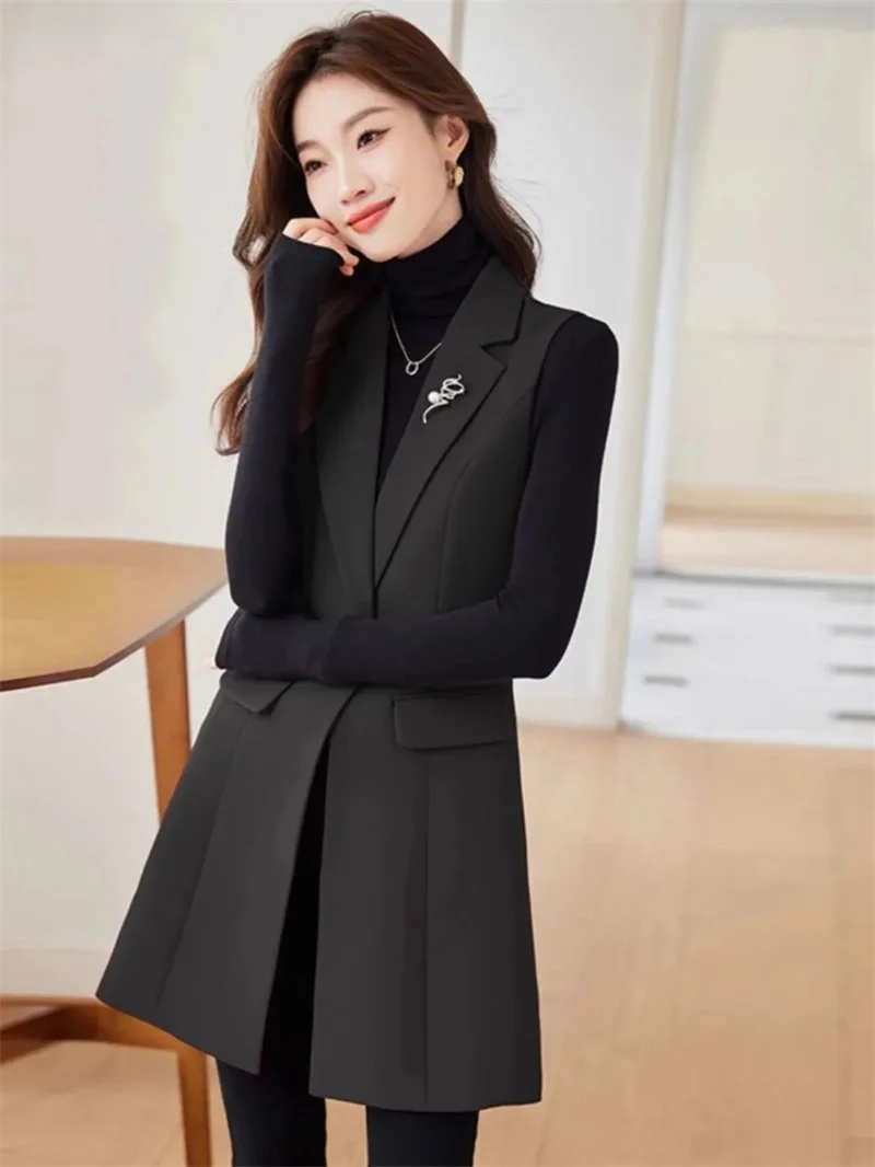 

Новый повседневный женский жилет-блейзер 2026 года, длинный офисный жилет, весенне-осенний женский жилет с карманами, безрукавка, куртка, пальто