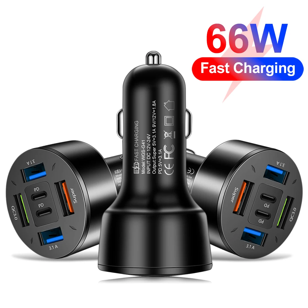 66W Dual PD 6-port Universal Super Fast Charging Conversion Plug Multi-function Mobile Phone Car Charger 4USB Car Charger