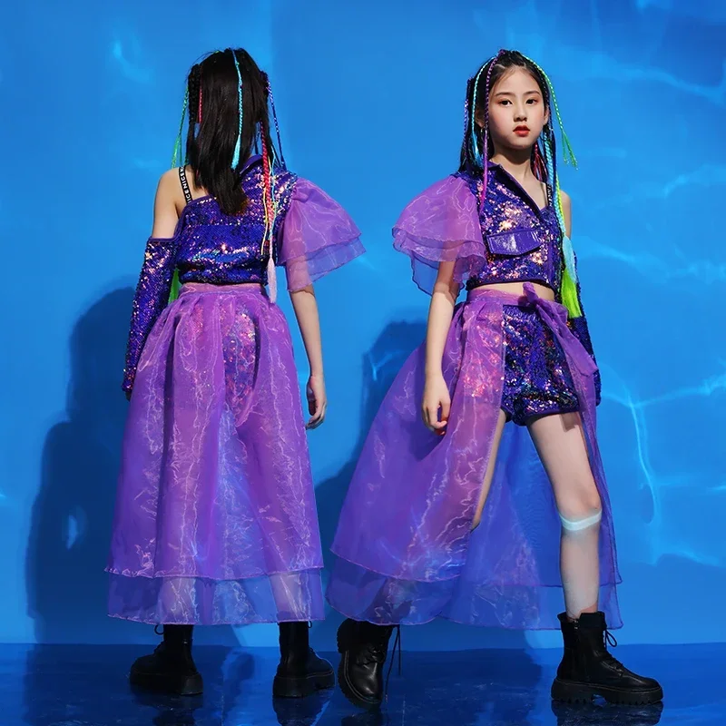 Fashion Kids Sequin Mesh Suits Costume Children Show Clothes Hip Hop Girl'S Jazz Performance Outfit Model T-Stage Clo MN12