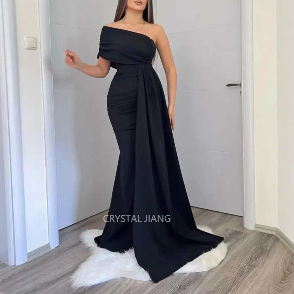 

Classy Long One Shoulder Spandex Evening Dresses Short Sleeves Mermaid Sweep Train Vestidos De Fiesta Elegantes 2024