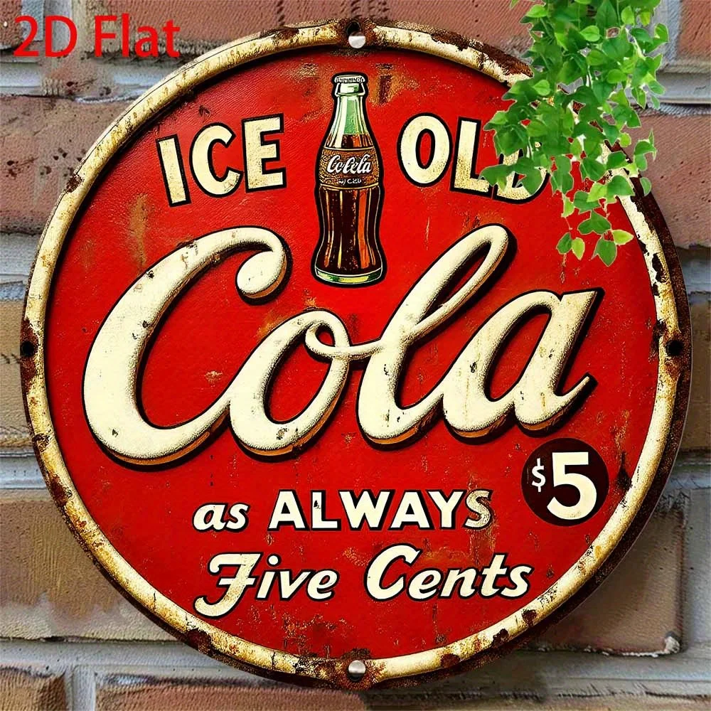 Vintage Ice Cold Cola HD Metal Tin Sign - Retro 1950s Advertising Sign Featuring Classic Coca-Cola Bottle & 'Five Cents' Price T
